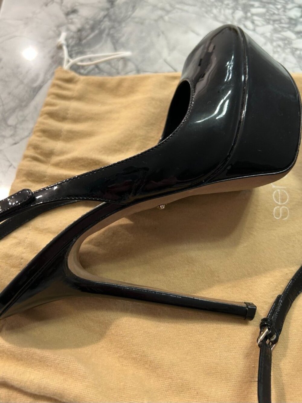 SERGIO ROSSI Black Patent Leather Platform Slingback Sandals Almond Peep Toe - Picture 6 of 8